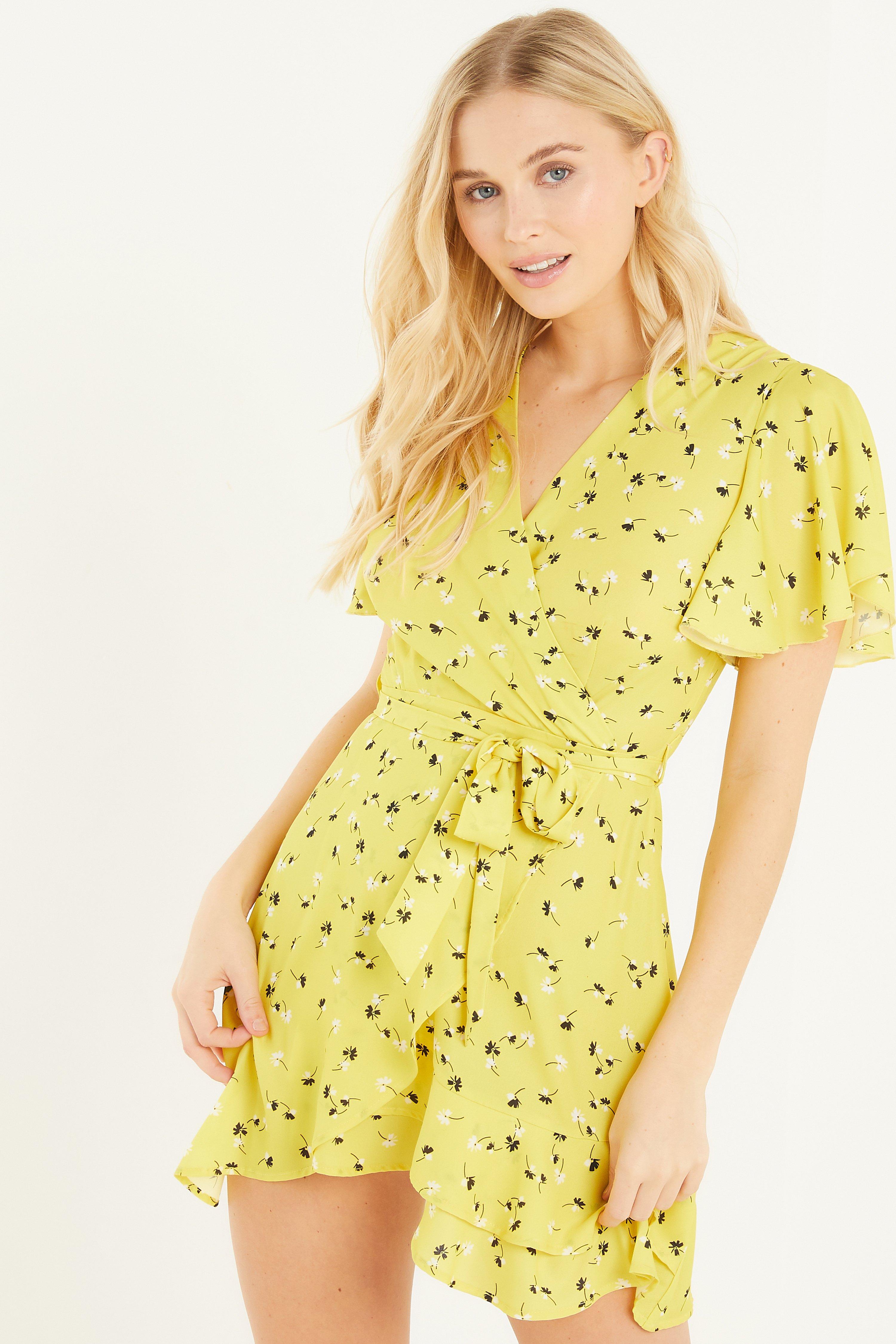 Yellow Floral Chiffon Wrap Dress - Quiz Clothing